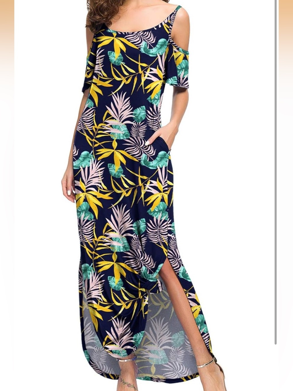 Grecerelle women’s open shoulder tropical leaf maxi dress with pockets size XL